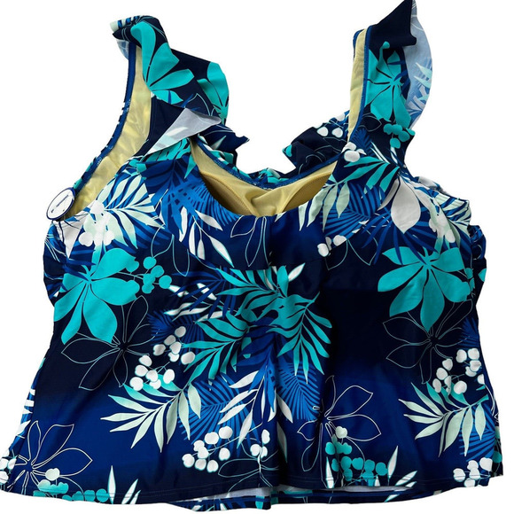 Swimsuits For All Blue Tropical Tankini Top Size 32 Ruffle NWT - Picture 5 of 10